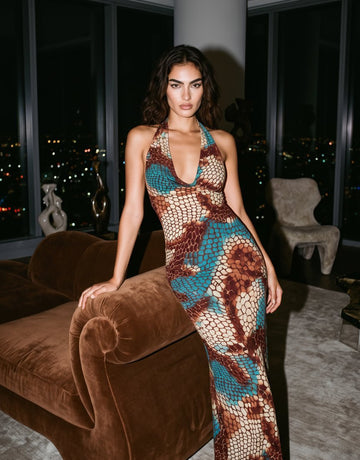 LILA Turquoise Snakeskin Print Cowl Neck Bodycon Maxi Dress