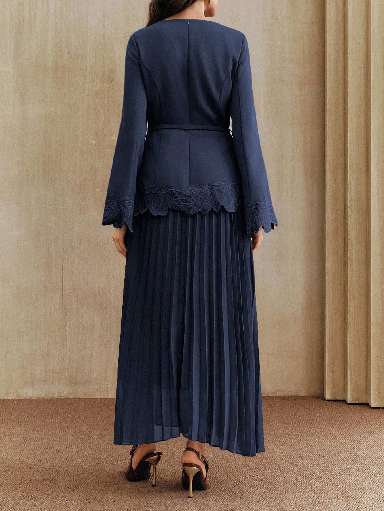 Embroidered Belted Pleated Midi Dress
