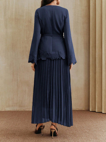 Embroidered Belted Pleated Midi Dress