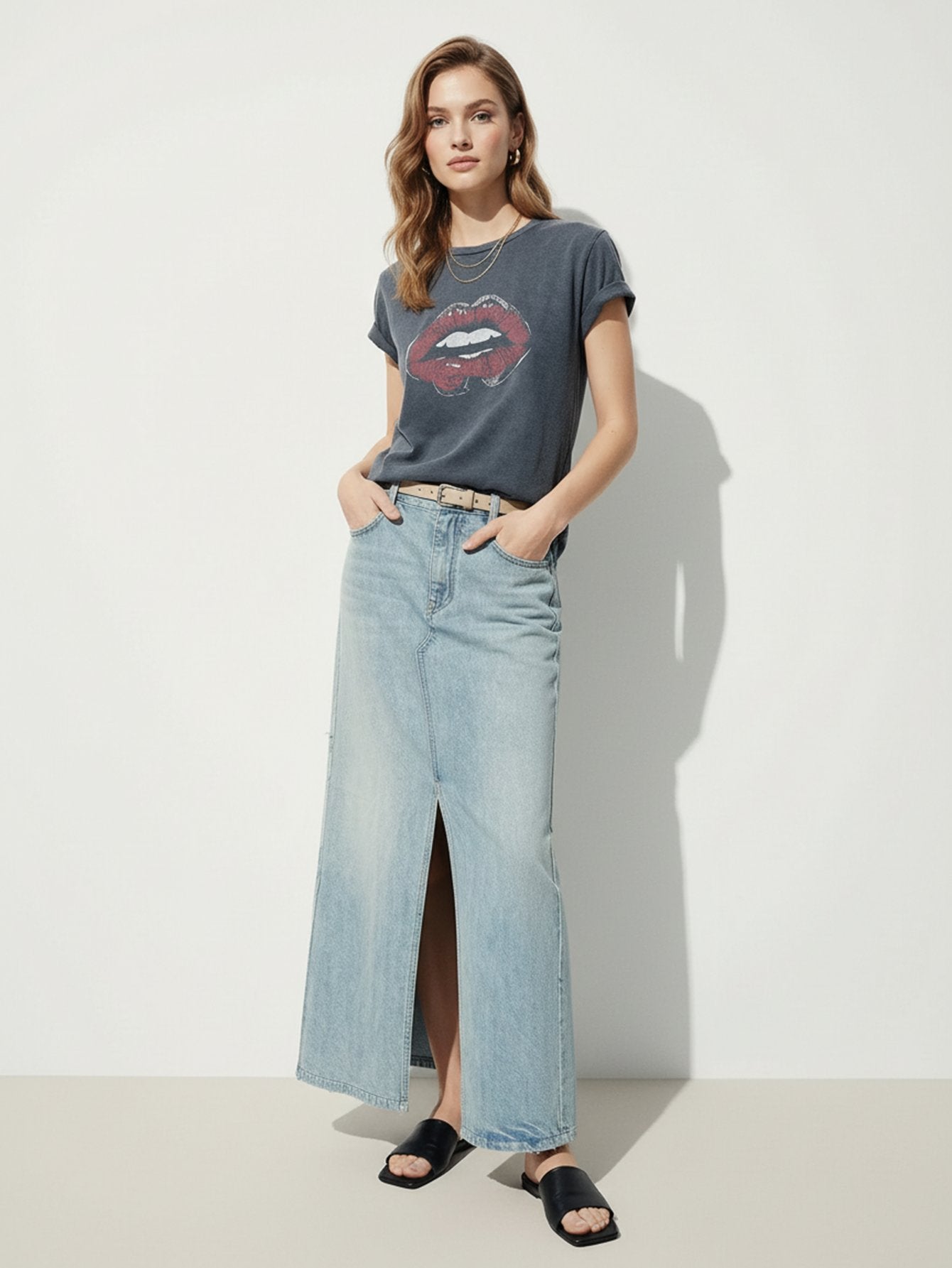 Paneled Detail Maxi Denim Skirt