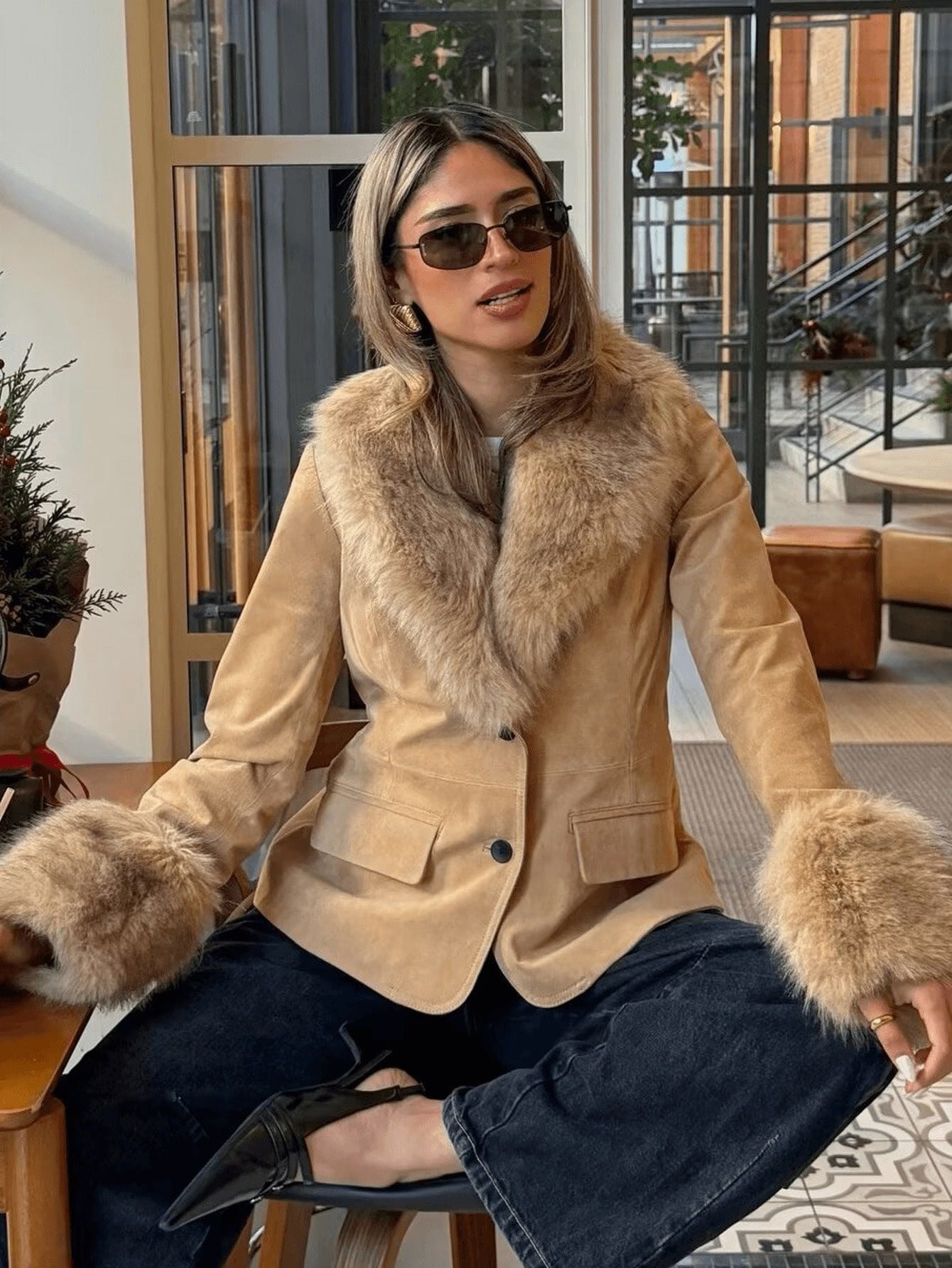 Cozy Faux Fur Trim Suede Jacket