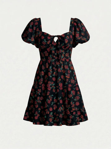 Floral Print Puff Sleeve Tiered Mini Dress