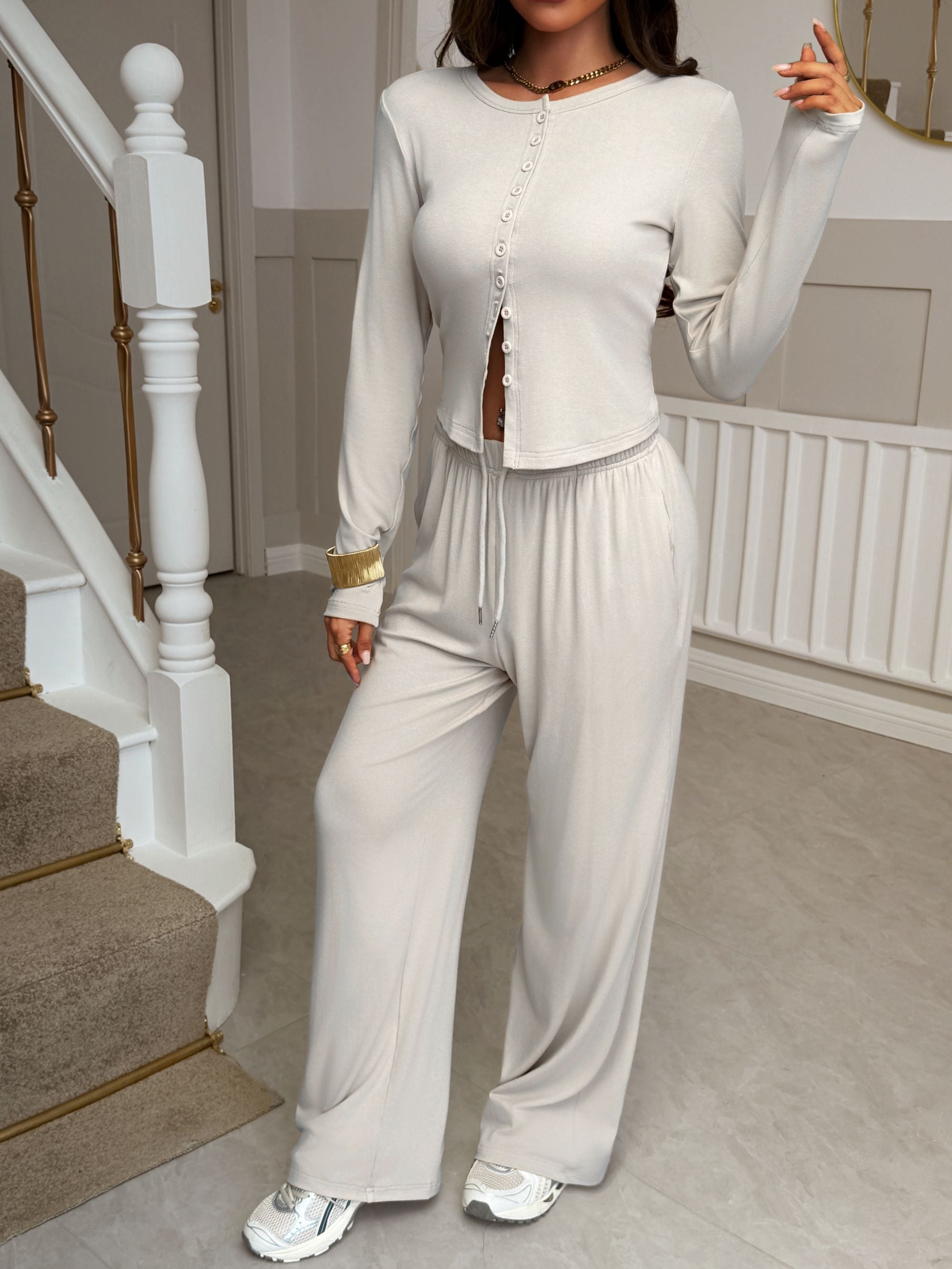 Cropped Cardigan Drawstring Wide-Leg Pants Cozy Set-Burgundy