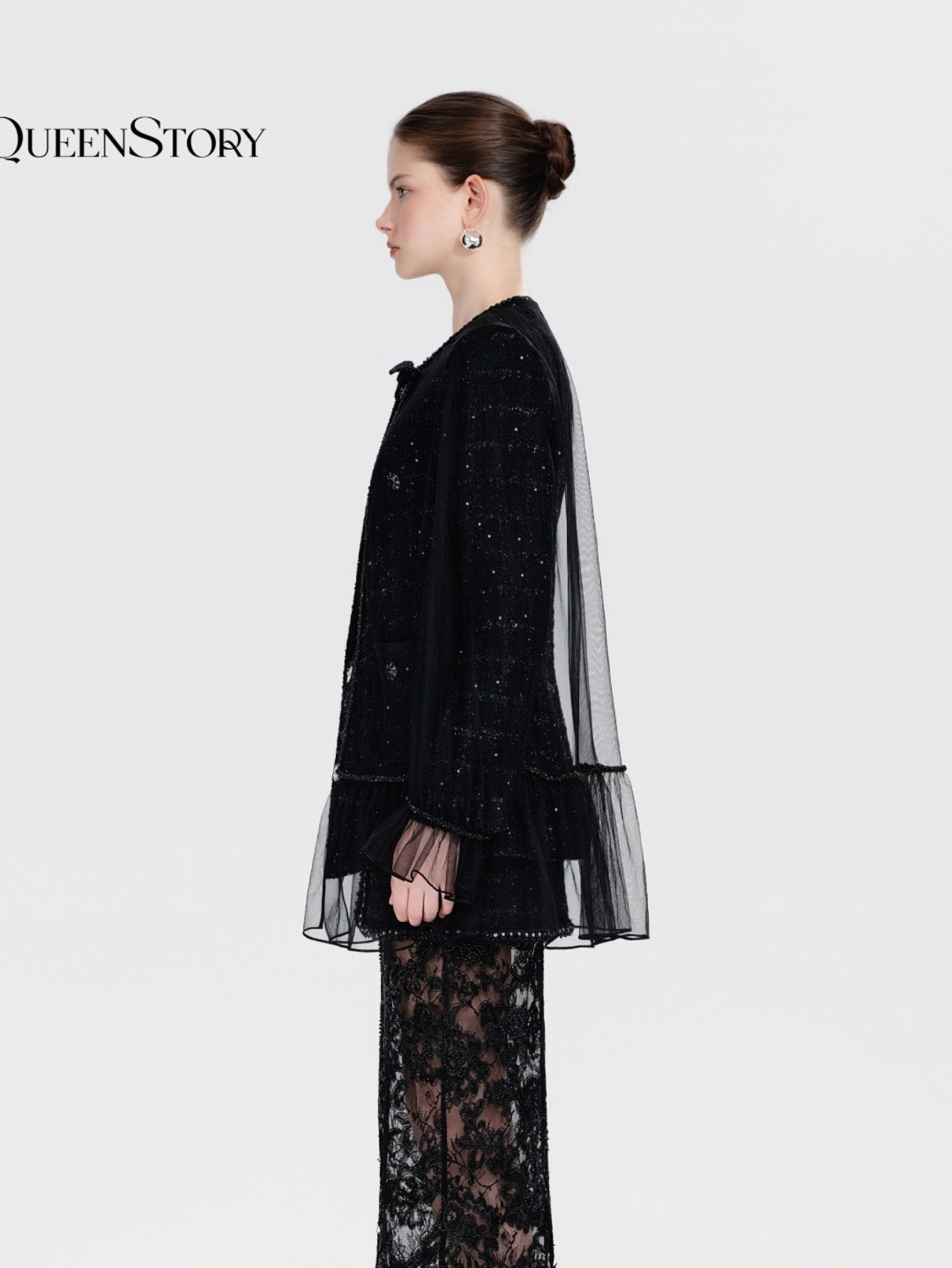 Shimmering Tweed Ruffle Trim Jacket