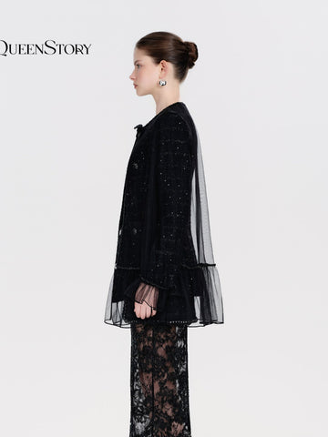 Shimmering Tweed Ruffle Trim Jacket