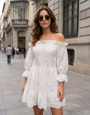 Off Shoulder Eyelet Mini Dress