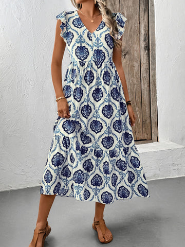 Blue Print V Neck Maxi Dress