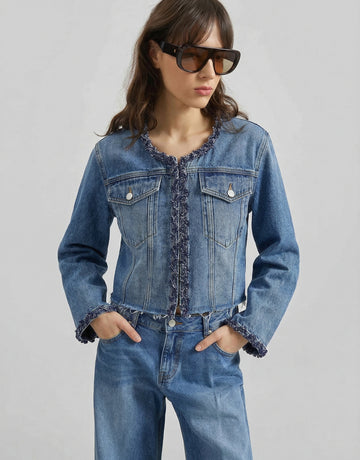 Cropped Collarless Denim Jacket