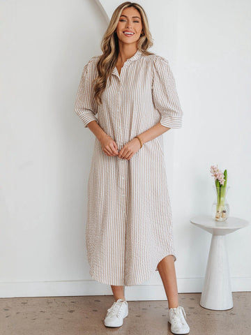 Striped Puff Sleeve Midi Dress
