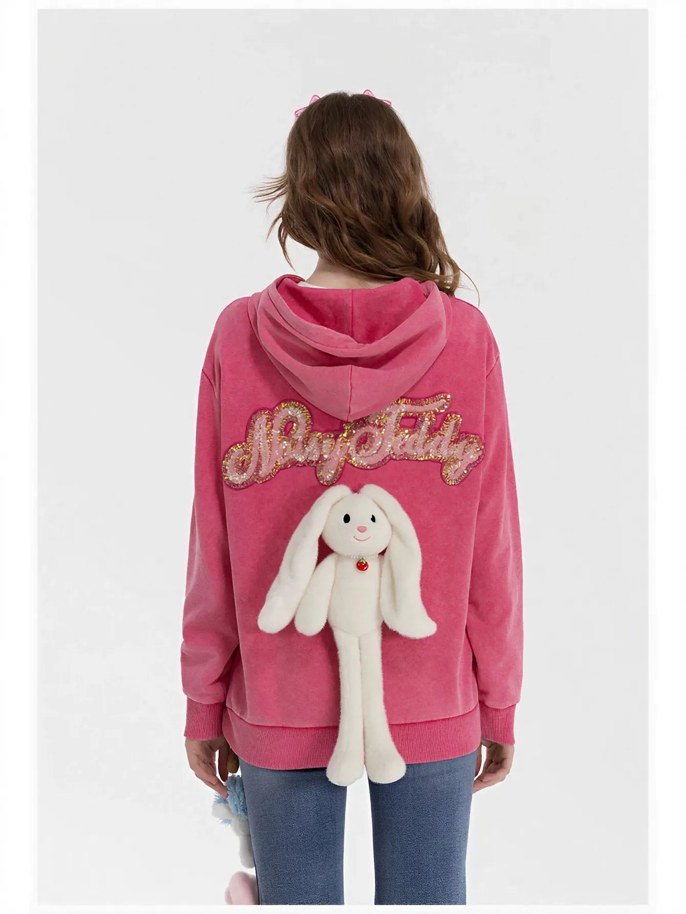Cute Bunny Graphic Sequin Hooded Jacket