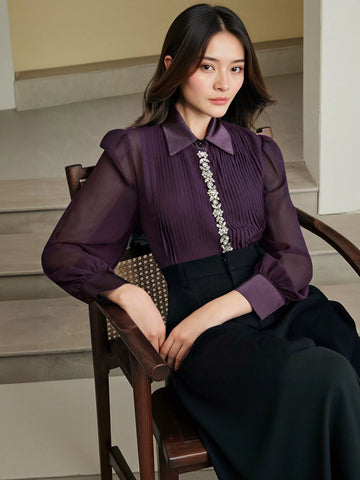 Elegant Pleated Sheer Chiffon Blouse
