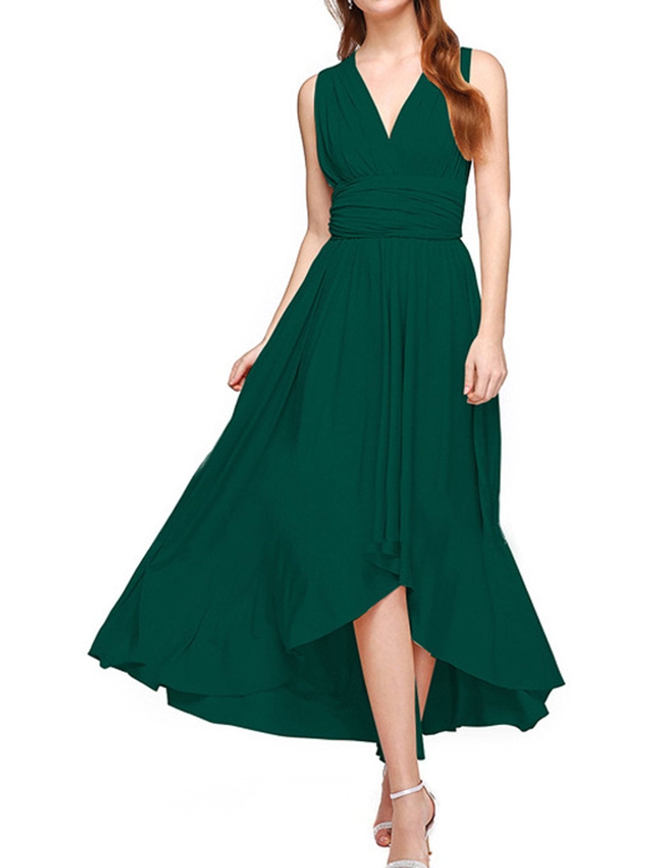 V-Neck Pleated Asymmetric Hem Casual Midi Dress
