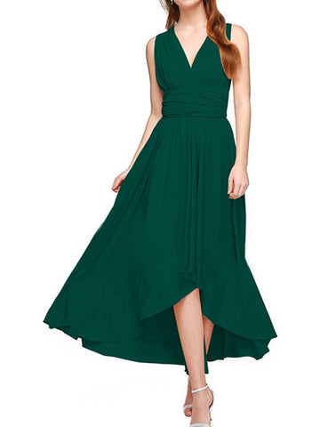 V-Neck Pleated Asymmetric Hem Casual Midi Dress