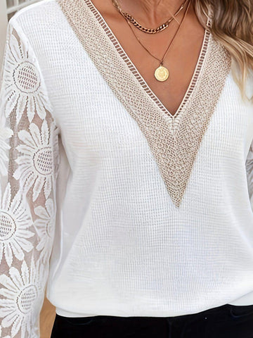 Floral Lace Sleeve V Neck Blouse