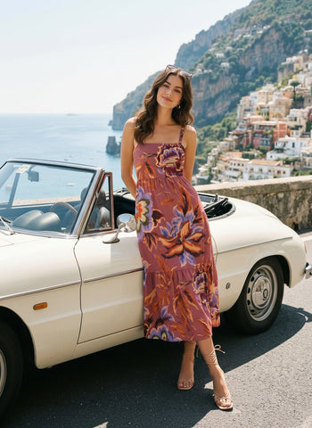 FLORA Floral Print Tiered Strap Midi Dress