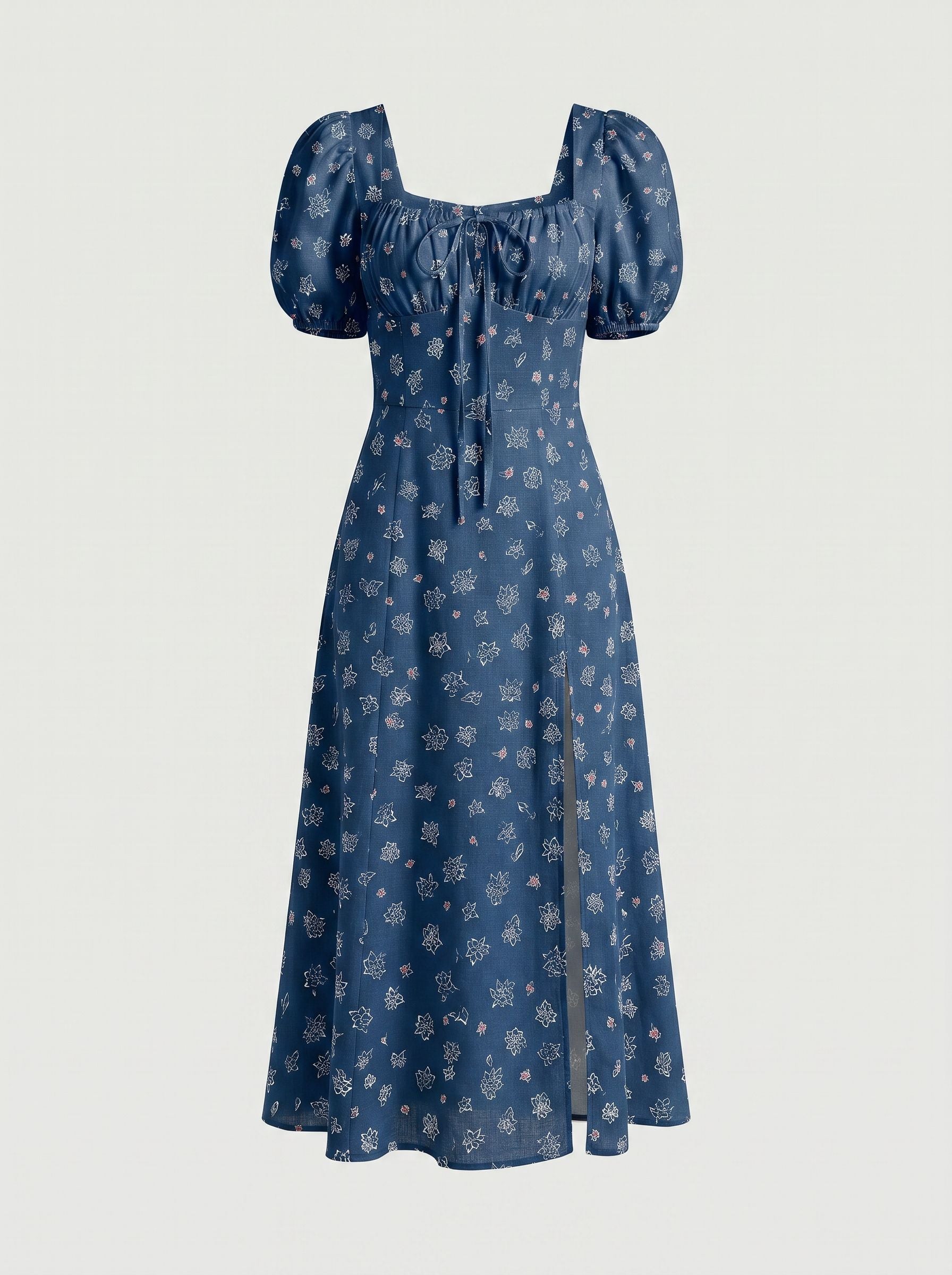 Floral Print Puff Sleeve Tie MidiDress