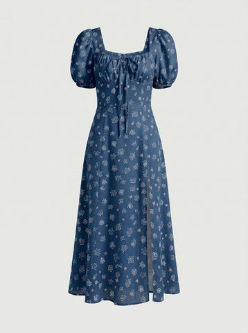 Floral Print Puff Sleeve Tie MidiDress