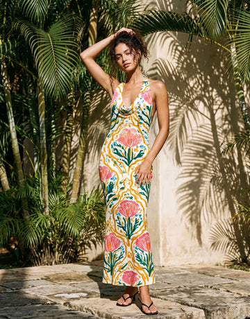 LILA Floral Print Cowl Neck Bodycon Midi Dress