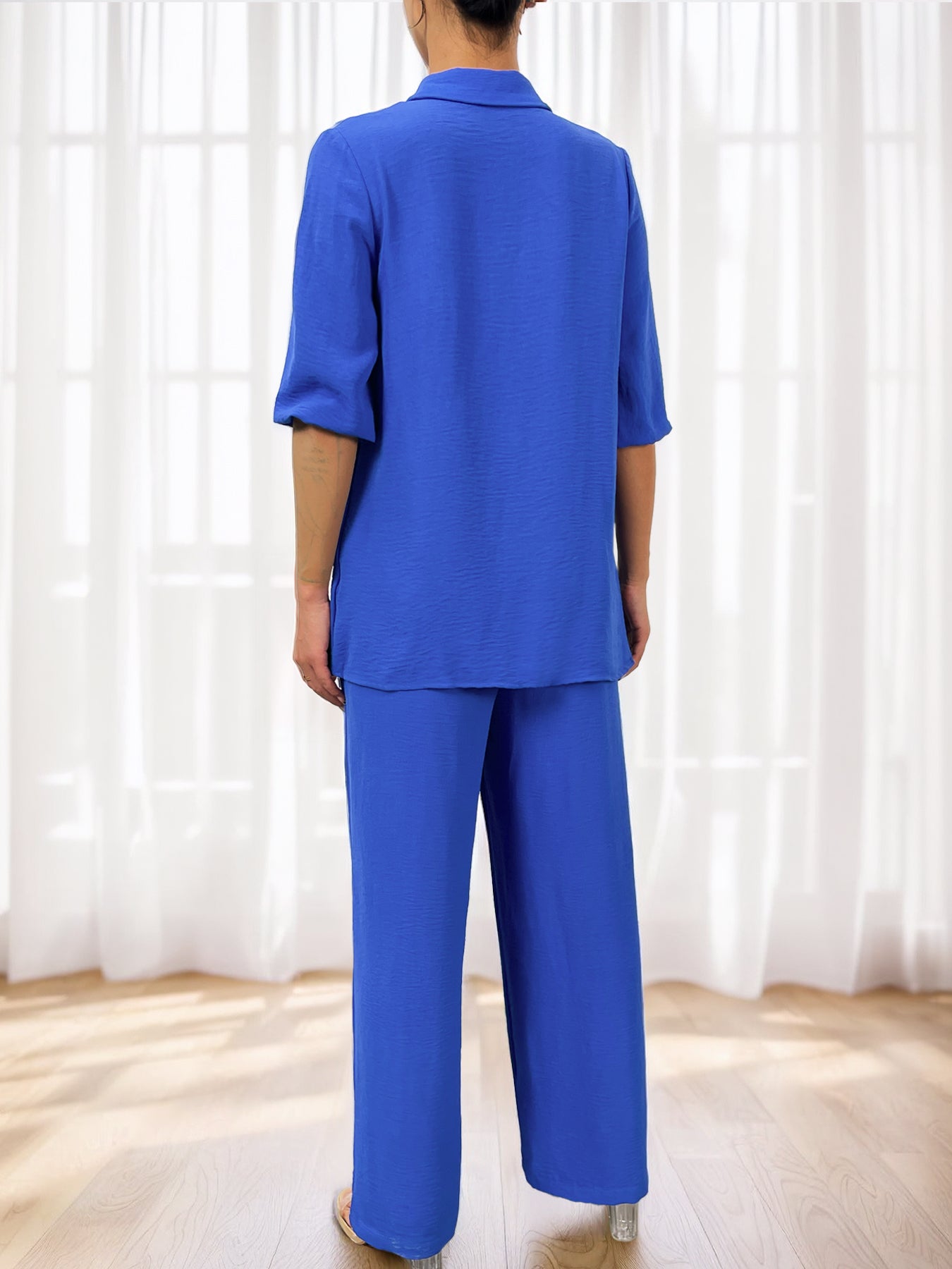 Classic-Collar Shirt Drawstring-Waist Pants Relaxed Set-Multicolor