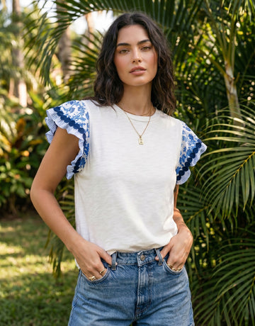 Embroidered Flutter Sleeve Cotton T-Shirt
