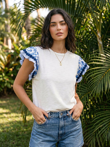 Embroidered Flutter Sleeve Cotton T-Shirt