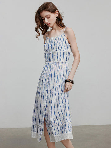 Lace Trim Button Front Sleeveless Midi Dress