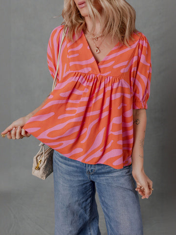 Vibrant Print Puff Sleeve Chiffon Blouse