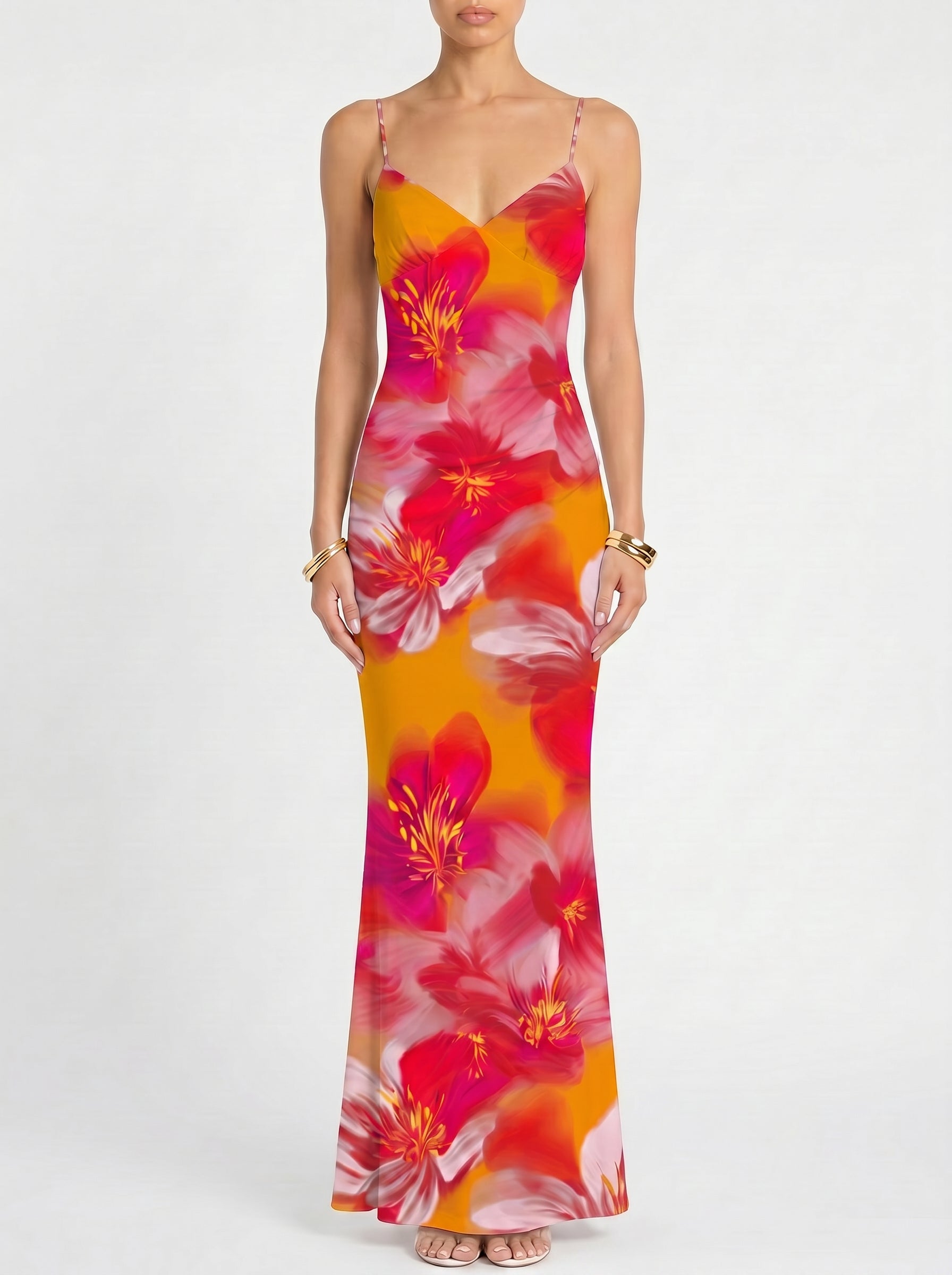 Floral Print Spaghetti Strap Bodycon Maxi Dress