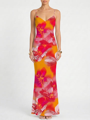 Floral Print Spaghetti Strap Bodycon Maxi Dress