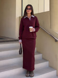 Cozy Collared Sweatshirt Maxi Skirt Set