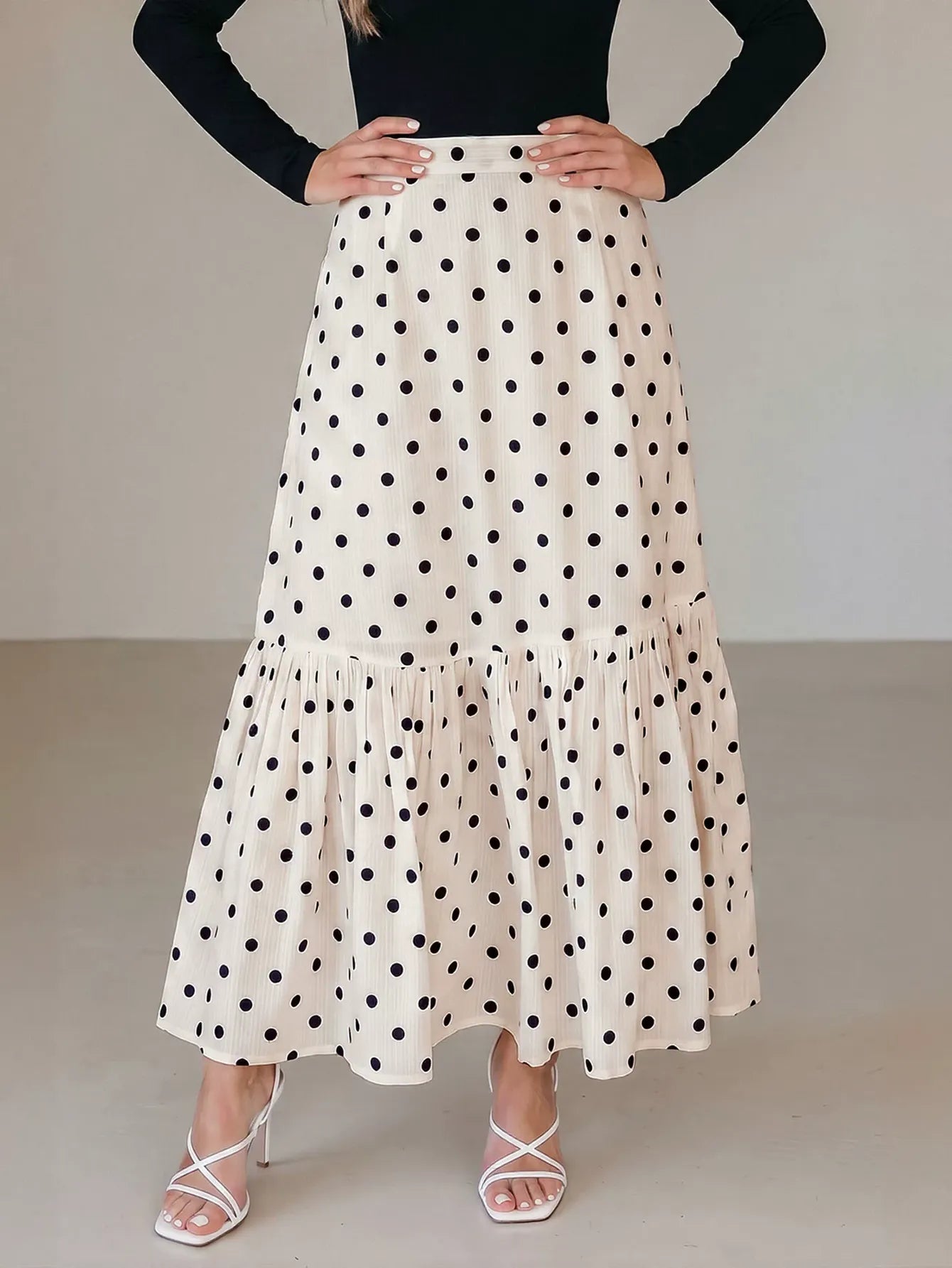 High Waisted Polka Dot Midi Skirt