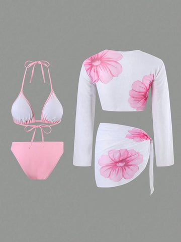 Floral Print Tie Front Swimsuit Set