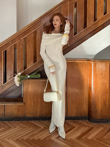 Off Shoulder Ribbed Knit Maxi Dress
