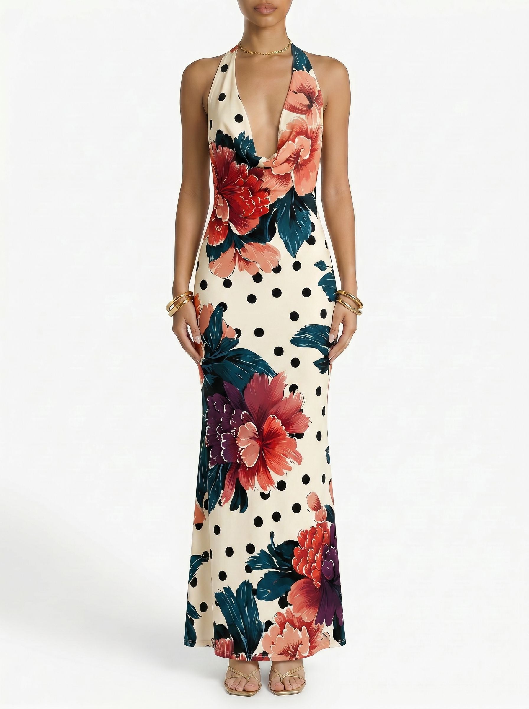 Floral Print Cowl Neck Bodycon Maxi Dress