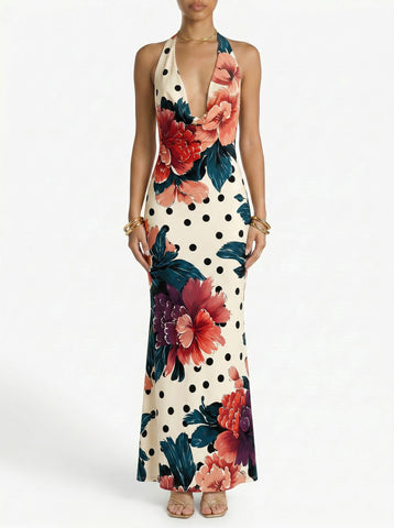 Floral Print Cowl Neck Bodycon Maxi Dress