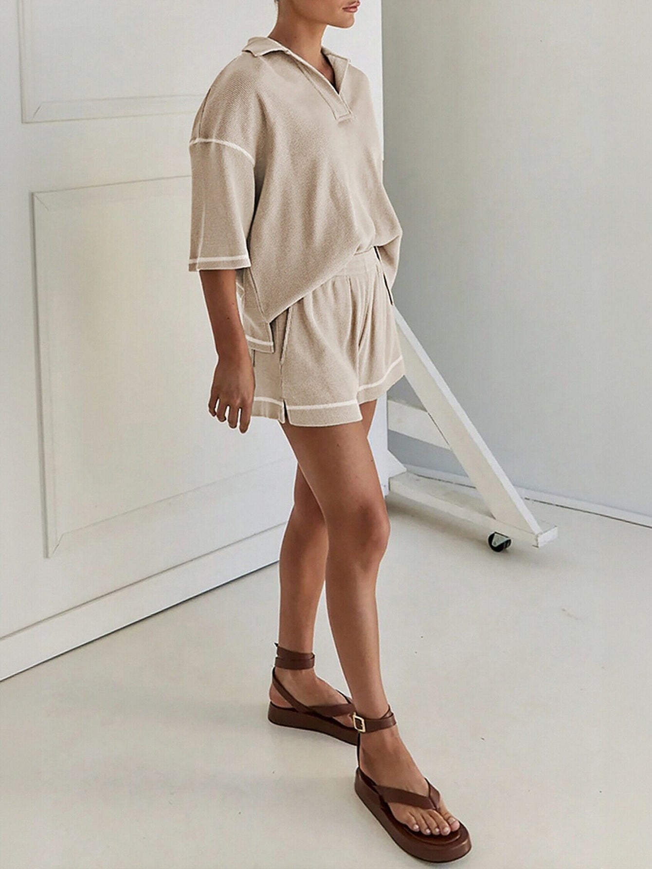 Casual Waffle Knit Shorts Set