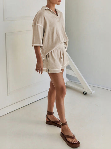 Casual Waffle Knit Shorts Set