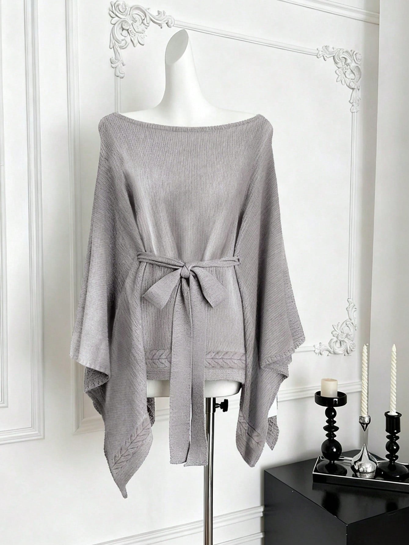 Oversized Belted Knit Poncho Sweater