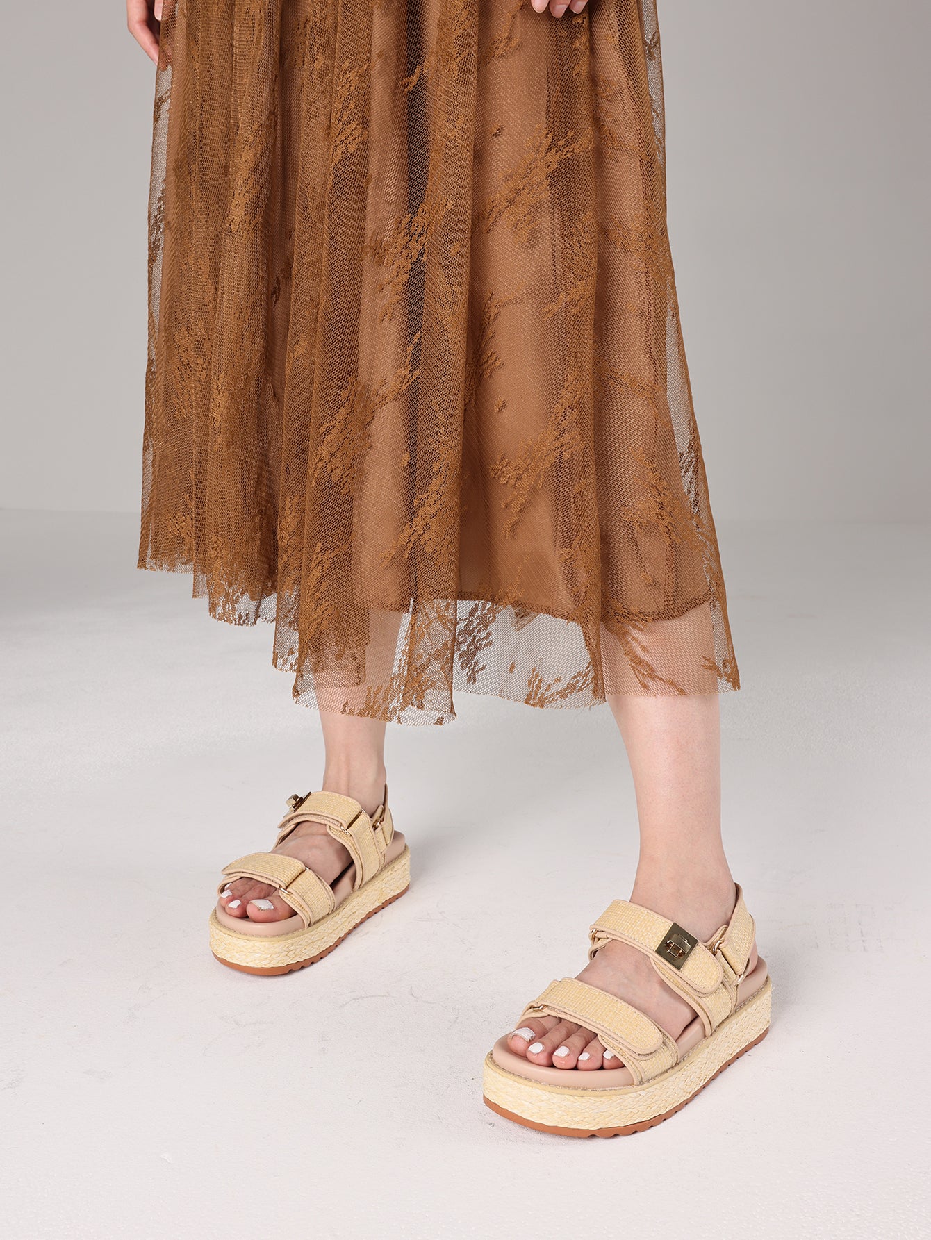 Woven Texture Strap Platform Beachy Slide Sandals-Apricot