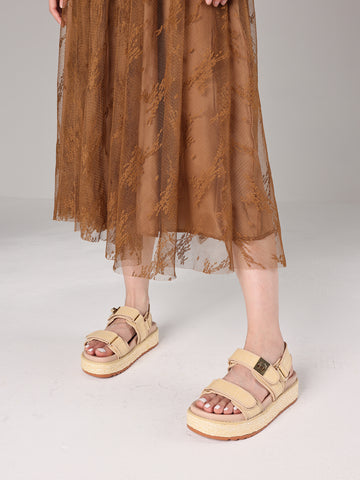 Woven Texture Strap Platform Beachy Slide Sandals-Apricot