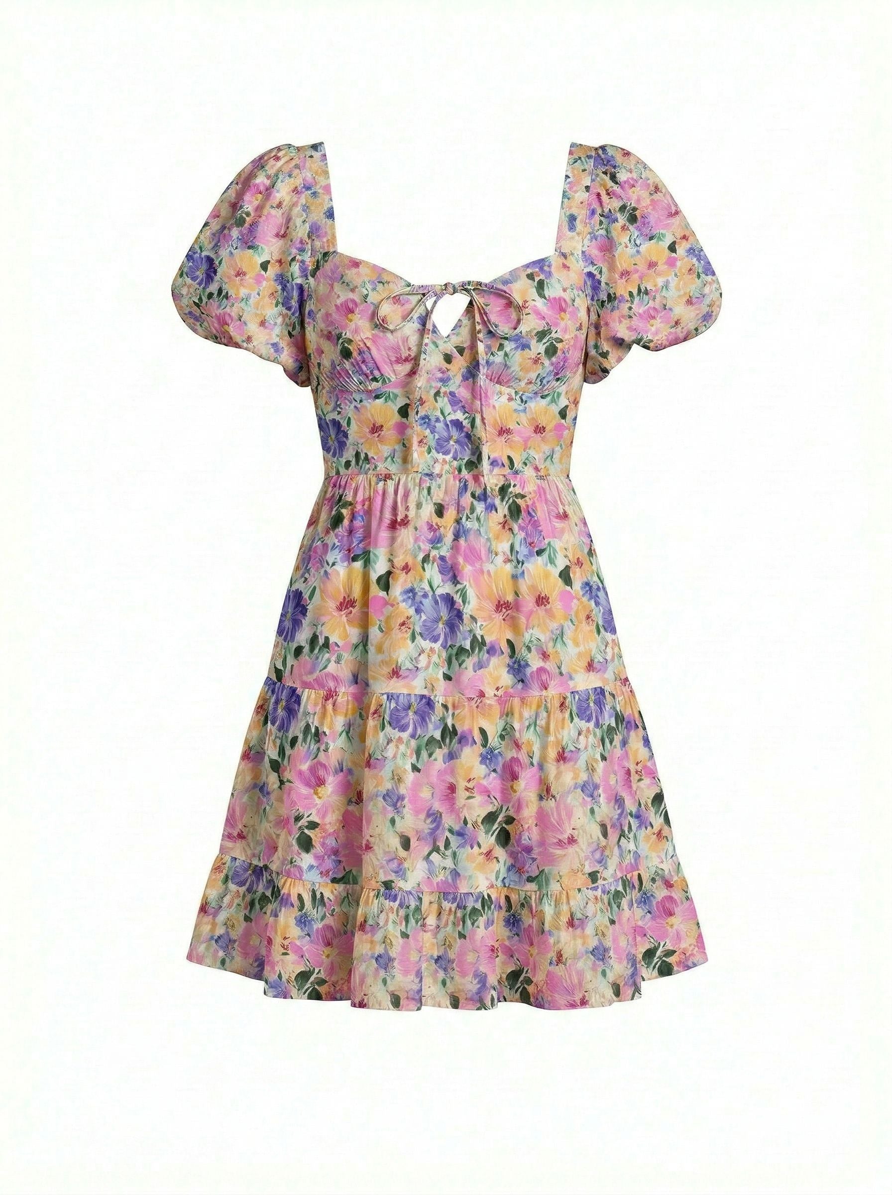 AYLA Floral Print Puff Sleeve Tiered Mini Dress