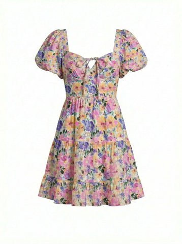 AYLA Floral Print Puff Sleeve Tiered Mini Dress