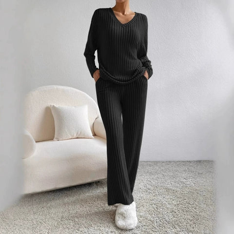 Cozy Ribbed V Neck Lounge Set