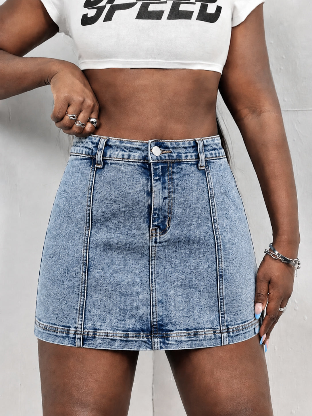 High Waisted Washed Denim Mini Skirt