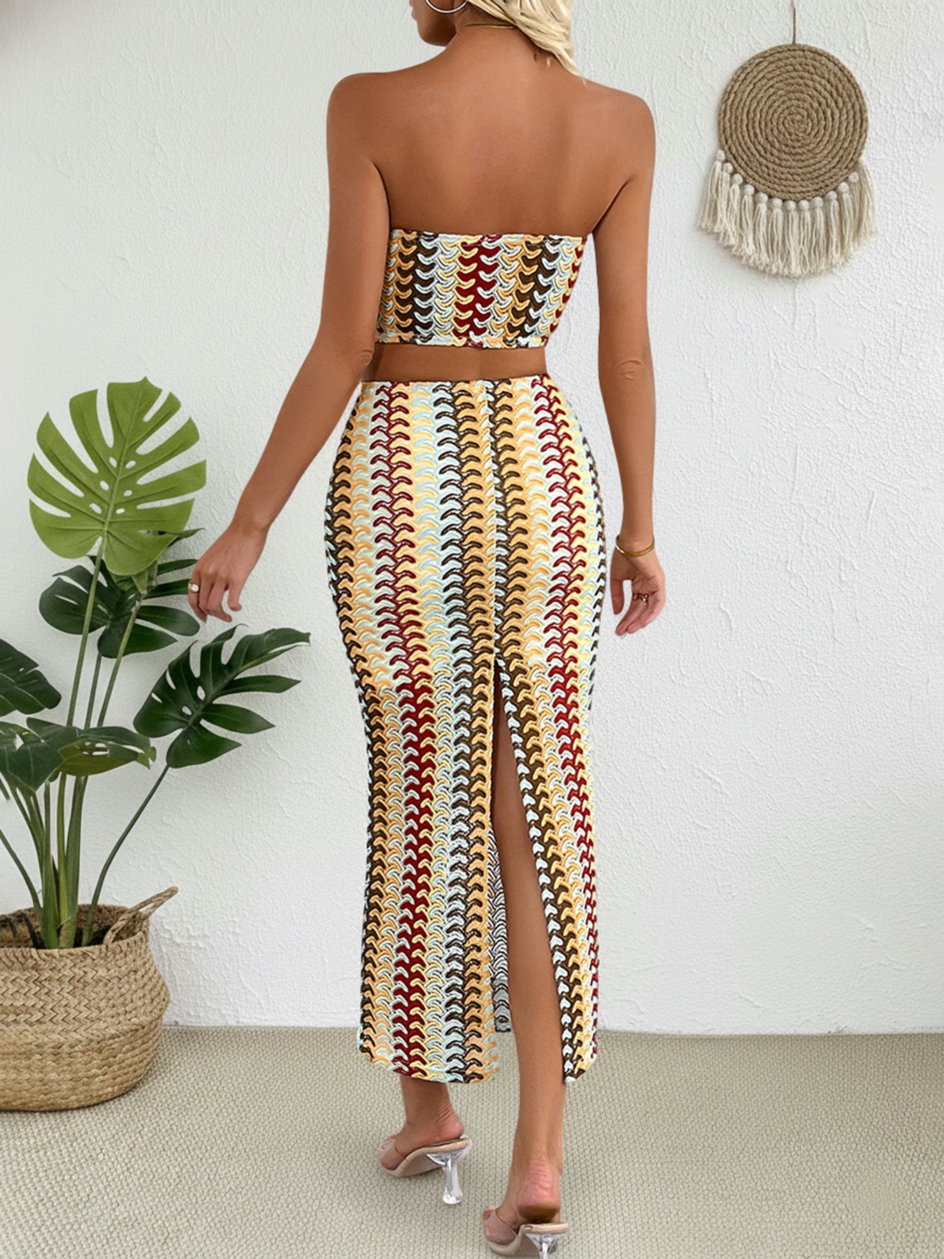 Tube Top Vibrant-Print Chic Midi Skirt Set