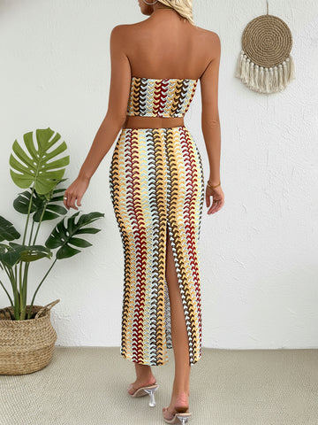 Tube Top Vibrant-Print Chic Midi Skirt Set