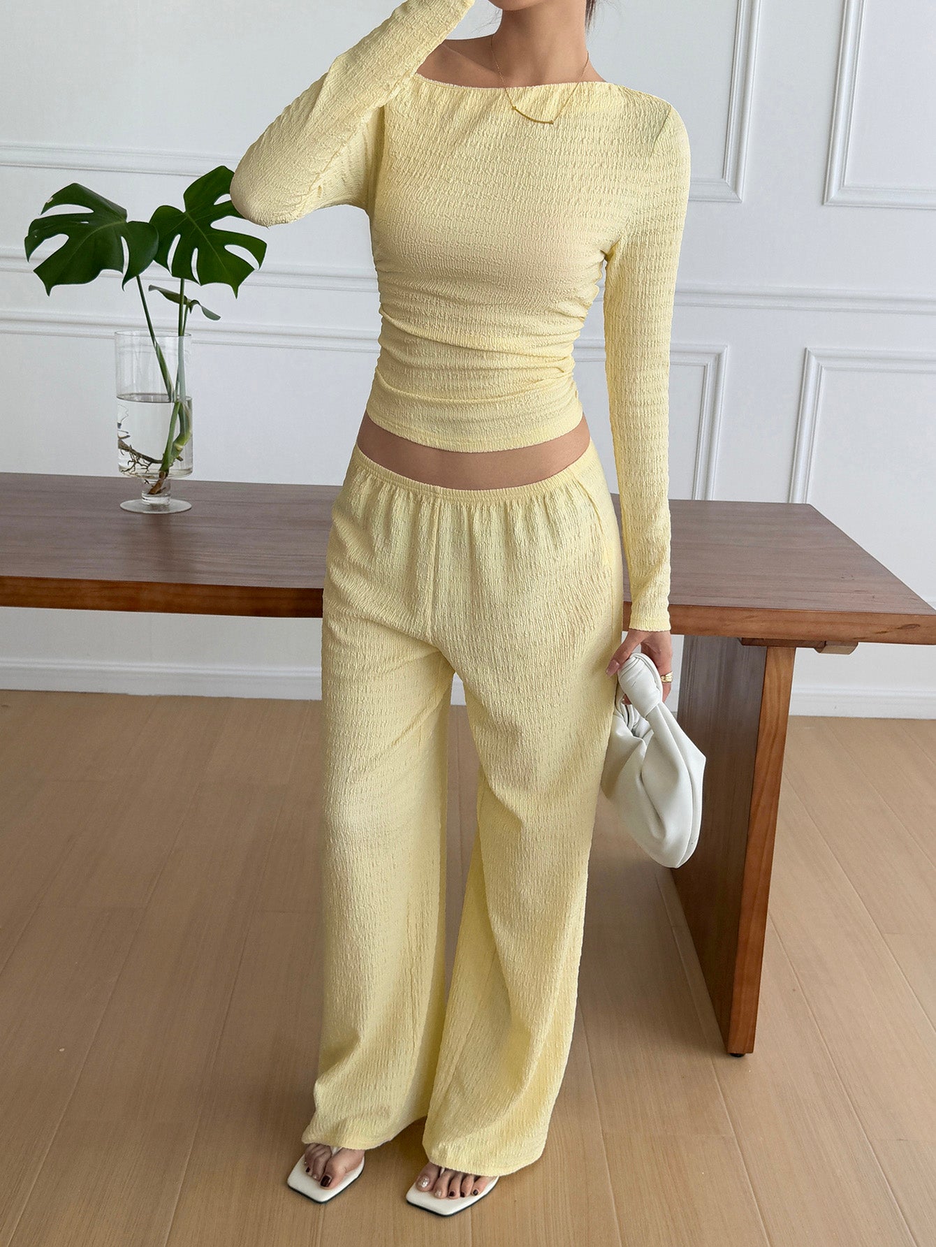 Off Shoulder Top Wide-Leg Pants Casual Set-Lemon Yellow