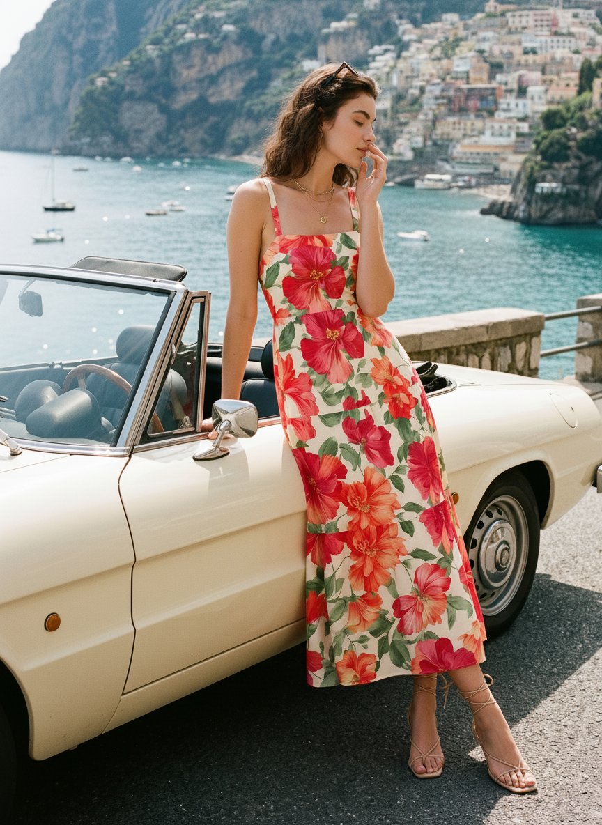 FLORA Floral Print Tiered Strap Midi Dress