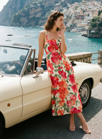FLORA Floral Print Tiered Strap Midi Dress
