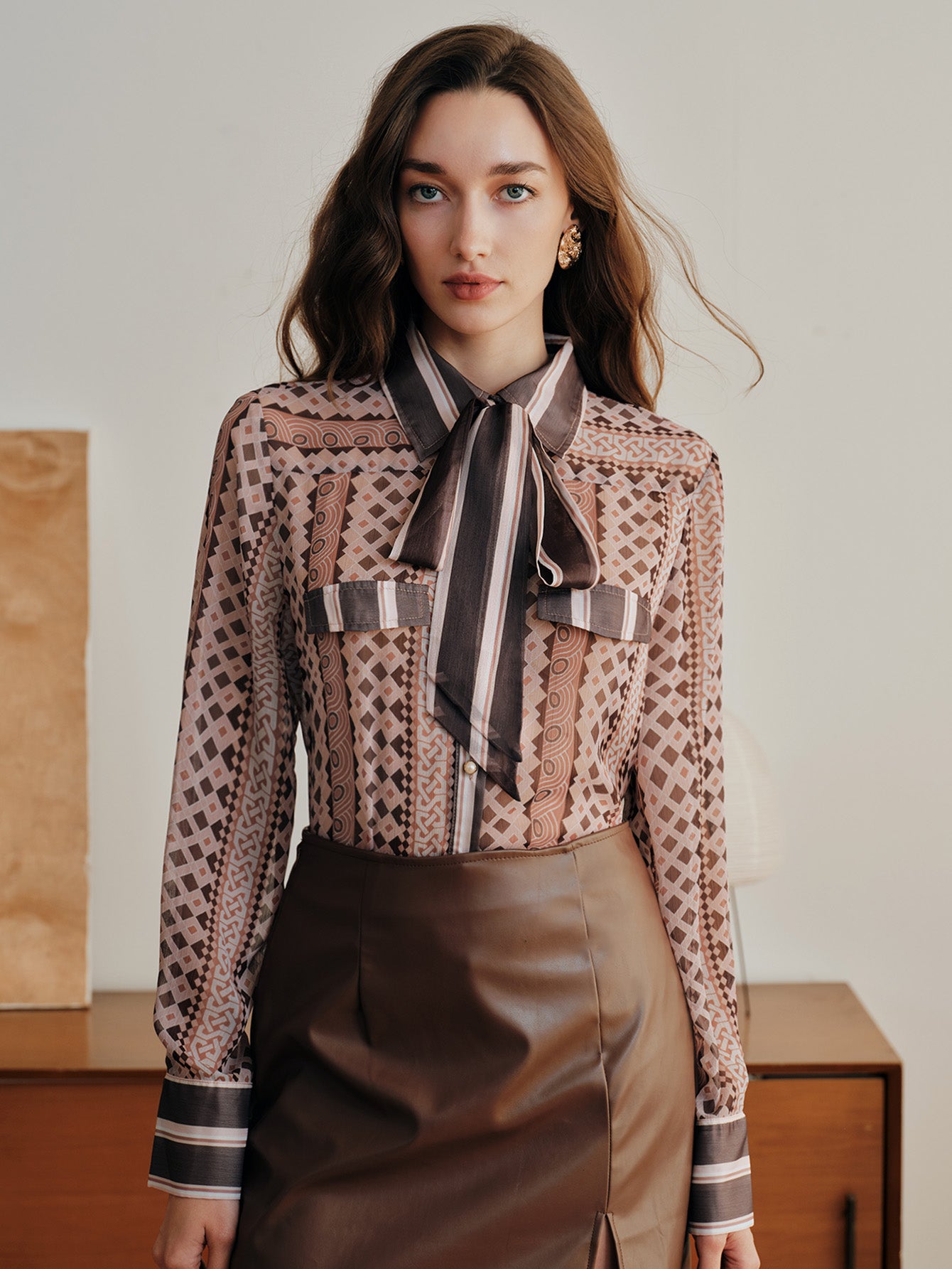 Elegant Geometric Print Tie Neck Shirt